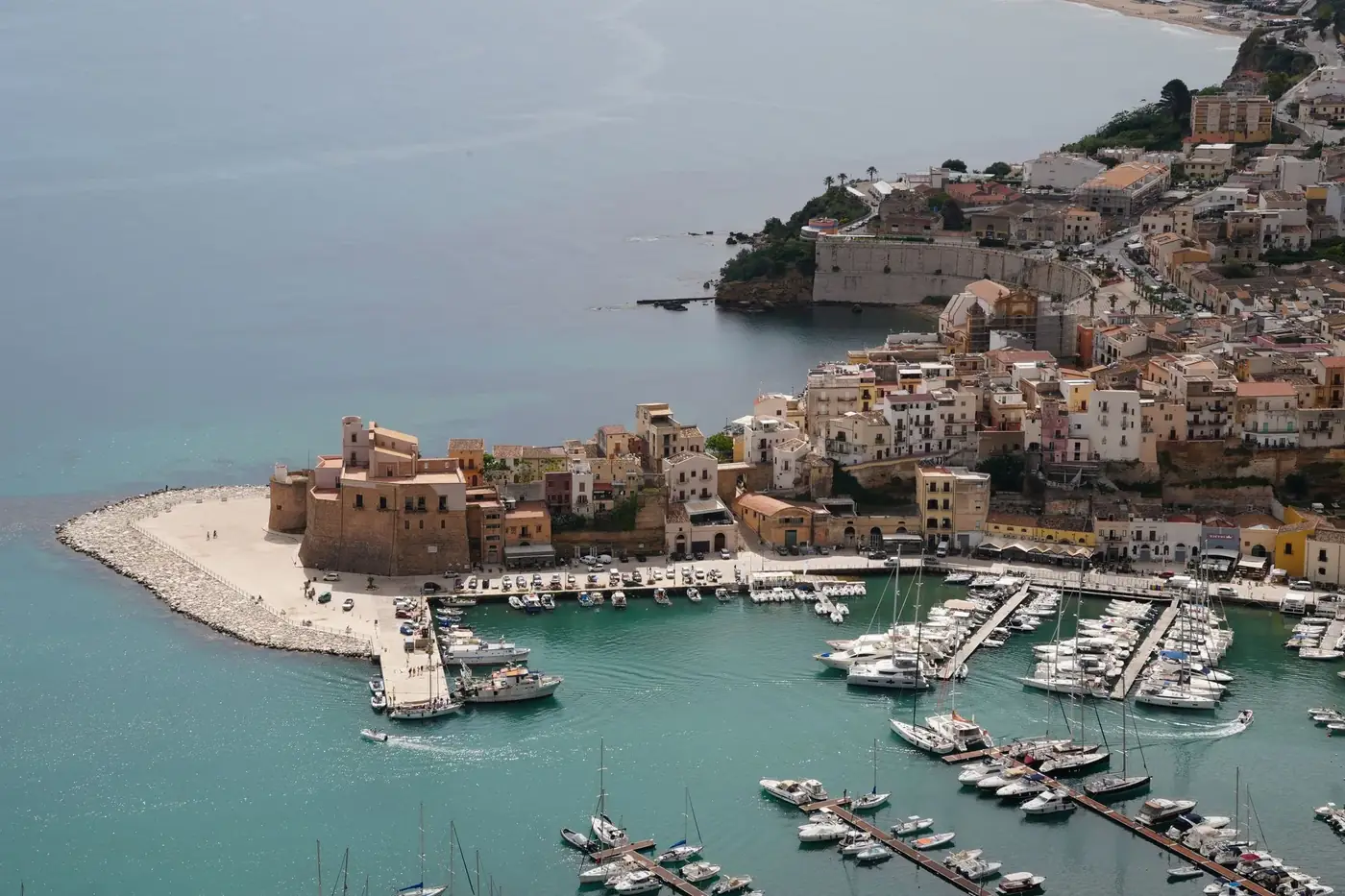 Stunning aerial view of the harbor and historic town of Castellammare del Golfo, Sicily, Italy.