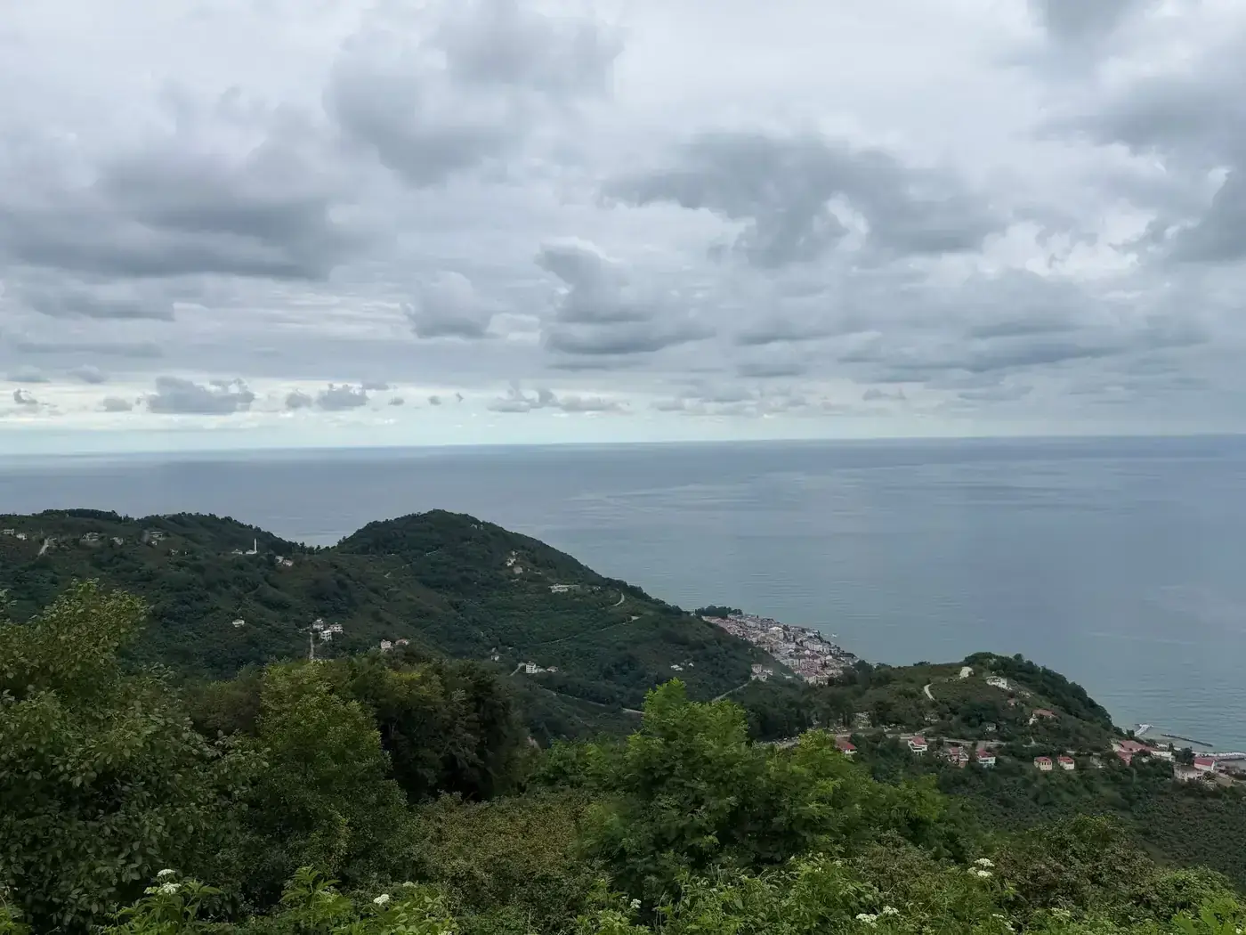 Breathtaking coastal landscape featuring lush green hills and the serene blue sea under a cloudy sky.
