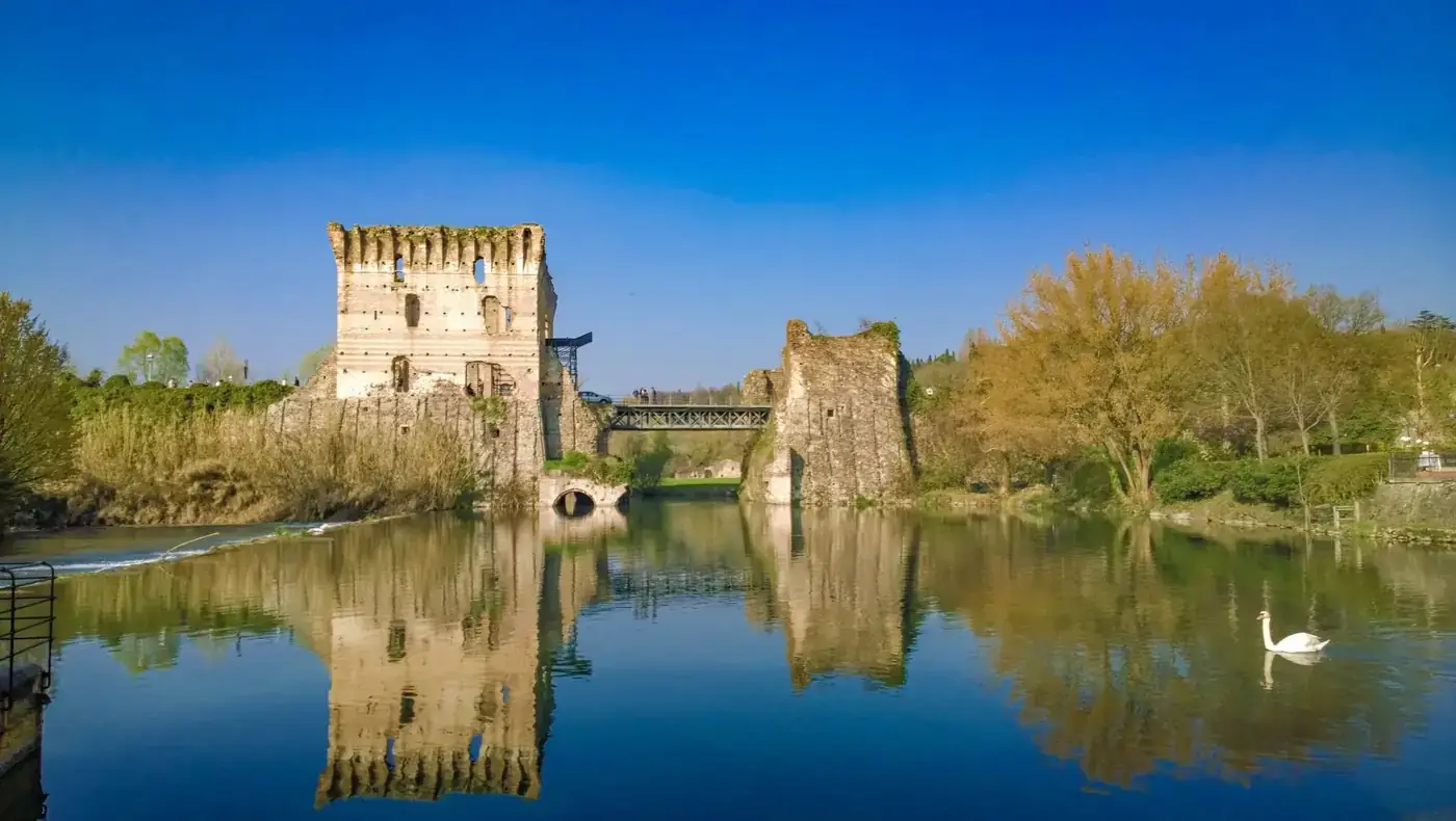 Ancient castle ruins reflecting on a serene lake with a lone swan, under a clear blue sky.