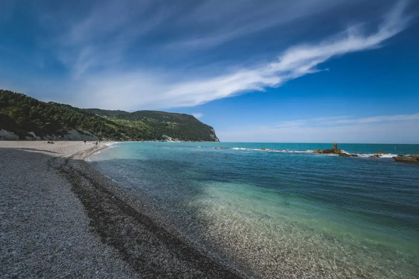 A peaceful beach scene with turquoise waters, clear skies, and a lush green coastline.