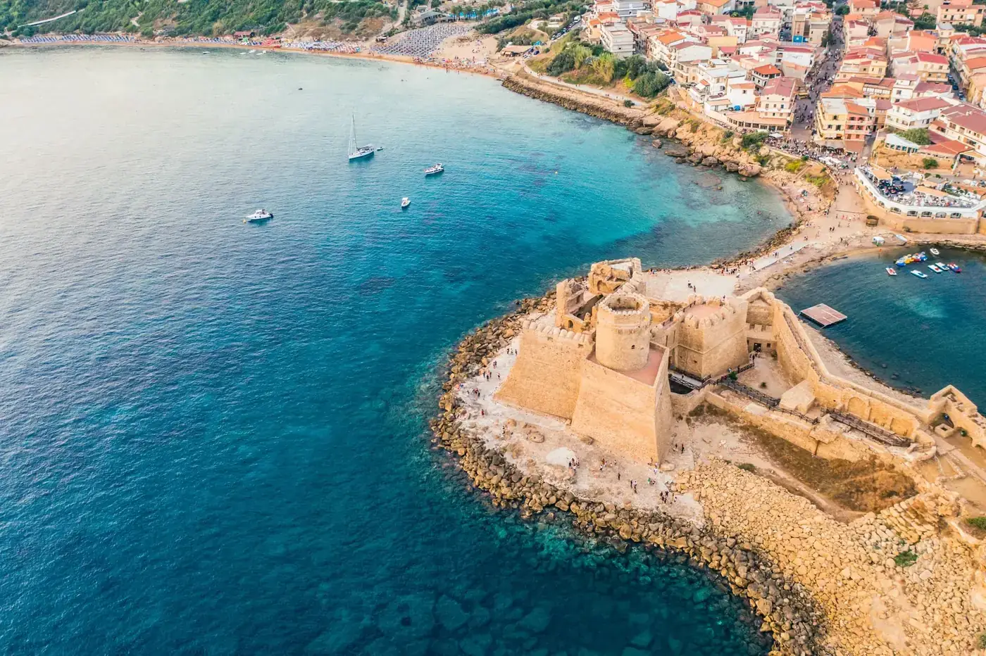 Aerial view of the stunning seaside castle in Capo Rizzuto, Calabria, Italy.