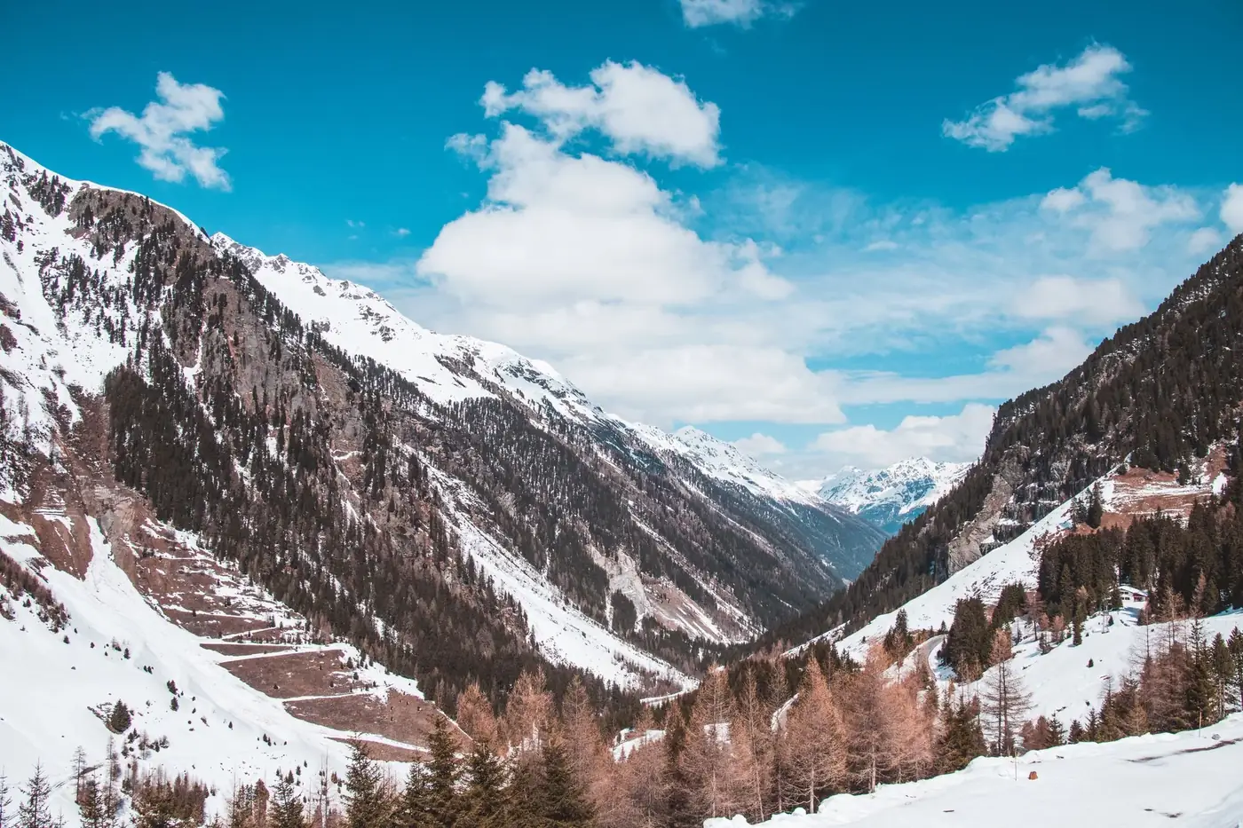Stunning winter view of the snow-covered mountains and valley in Kaunertal, Tirol.