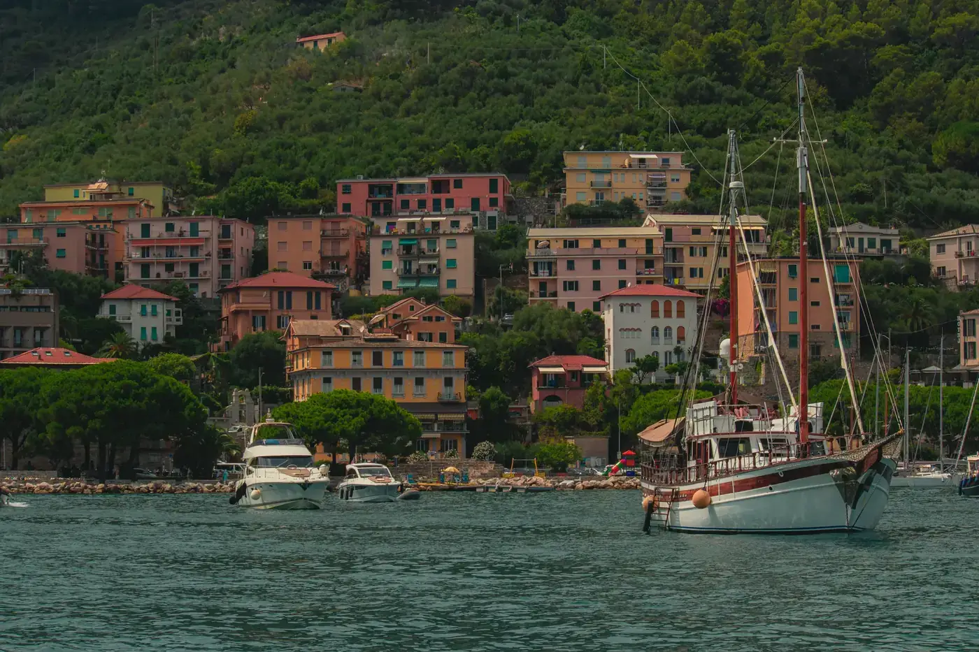 Colorful buildings and boats in the picturesque harbor of Porto Venere, Italy.