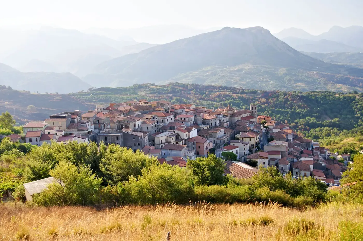 Picturesque aerial view of Santa Domenica Talao, nestled in Calabria's mountains.