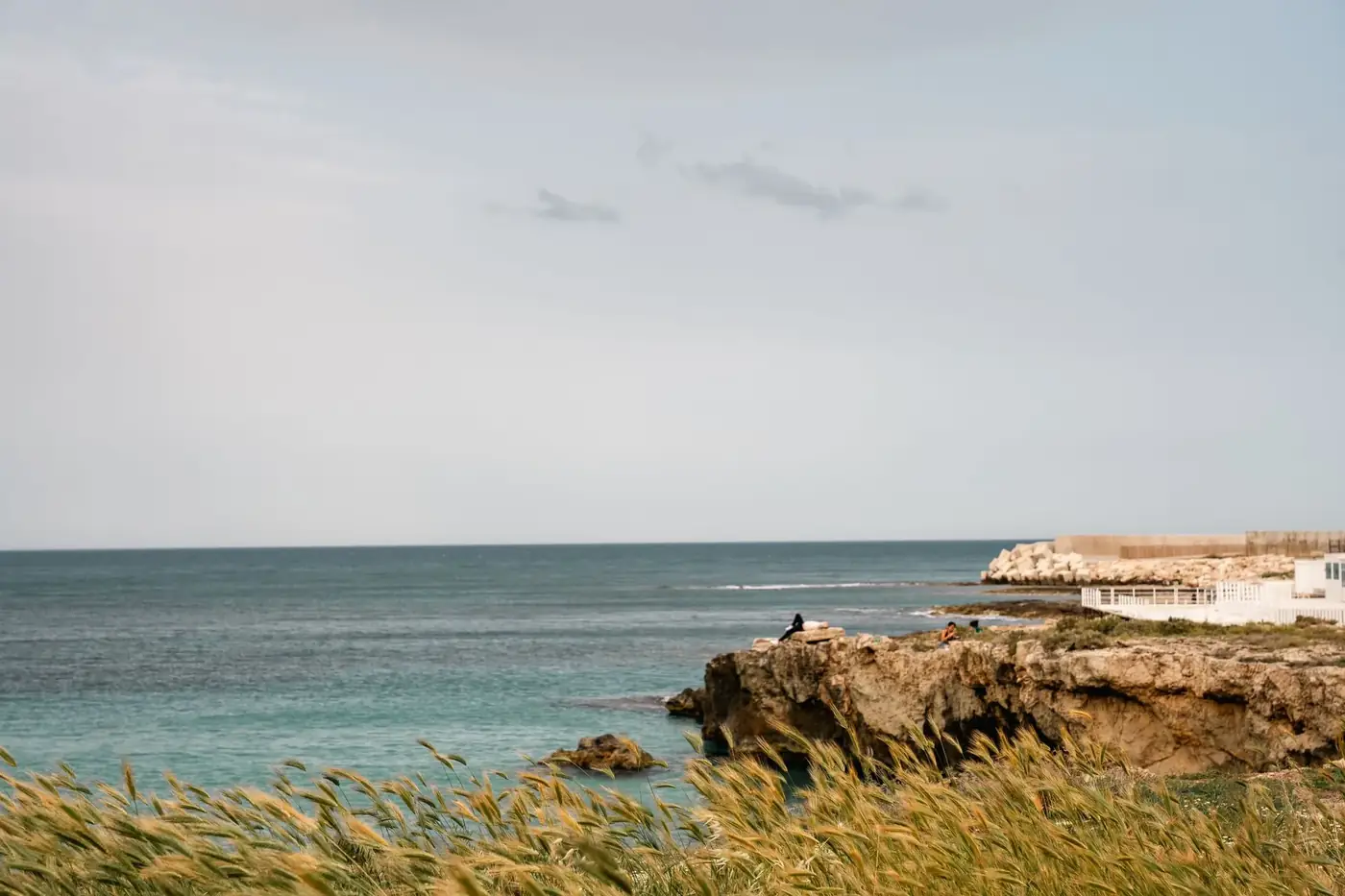 Captivating view of Monopoli's rocky coastline with clear skies and tranquil sea.