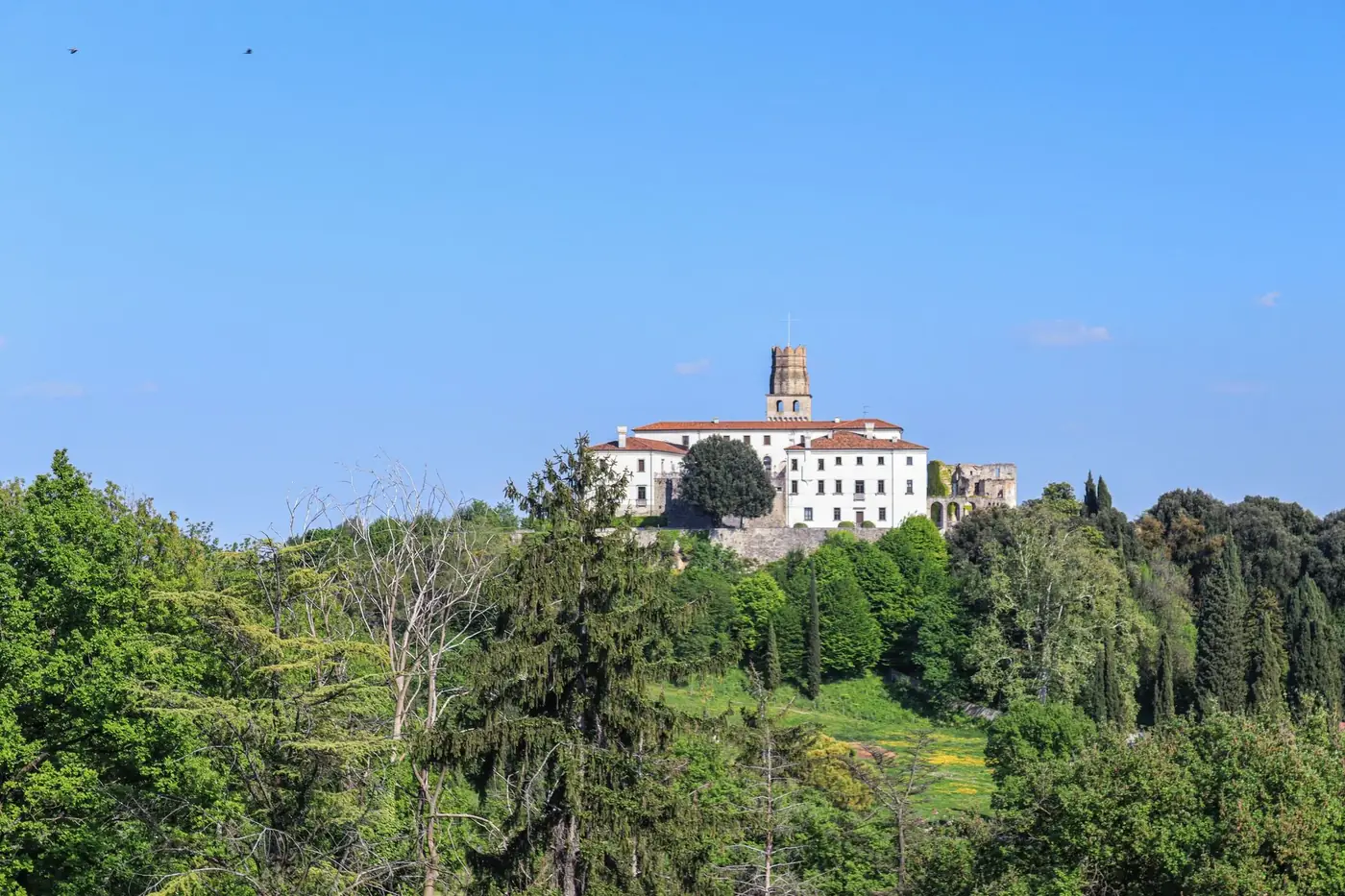 A picturesque Italian villa atop a hill surrounded by vibrant green trees under a clear blue sky.