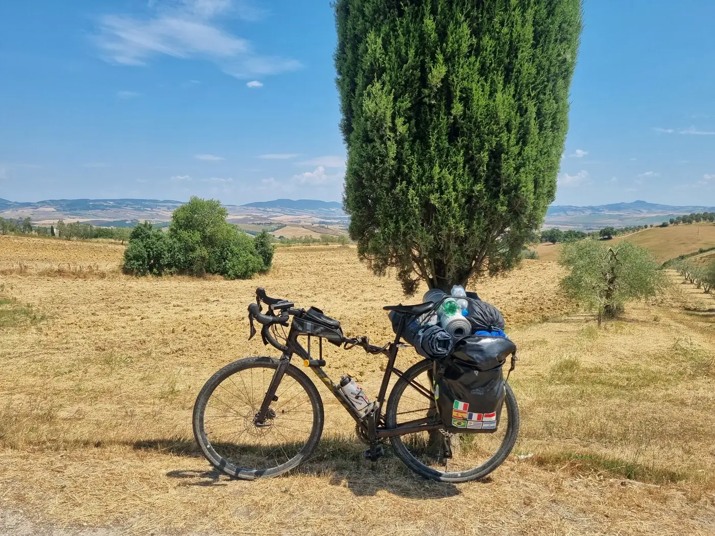Bicycle with gear resting under a tall tree in Tuscany's scenic landscape.
