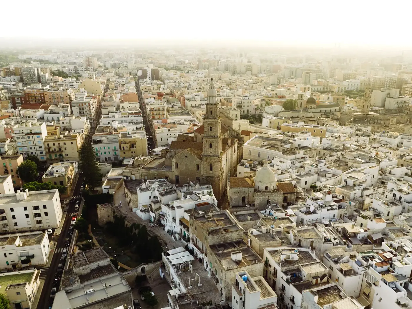 Discover the stunning cityscape of Monopoli, Italy, highlighting its historic church and sprawling urban landscape.