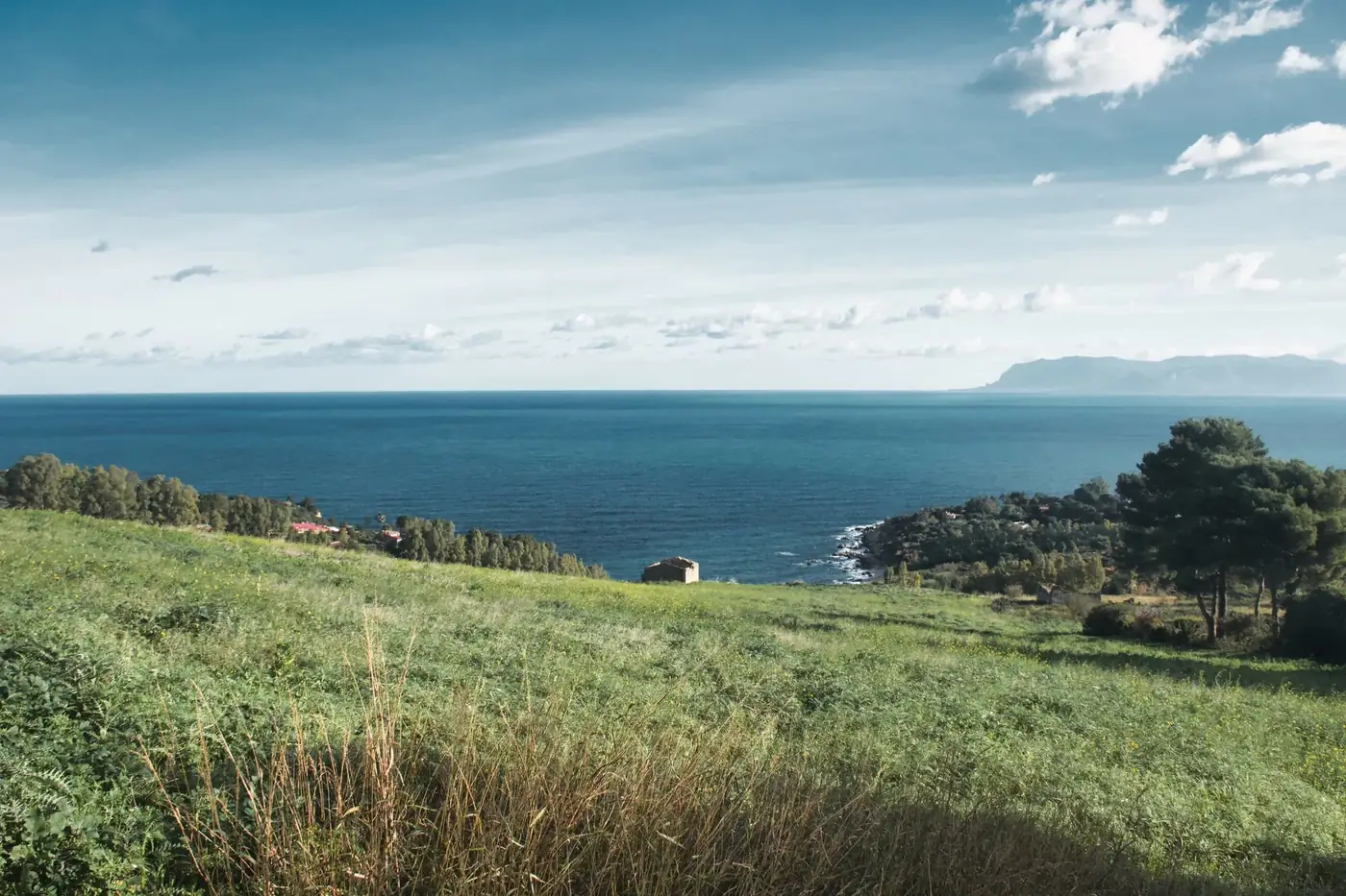 Breathtaking view overlooking Riserva dello Zingaro with lush greenery meeting the Mediterranean Sea in Sicily.