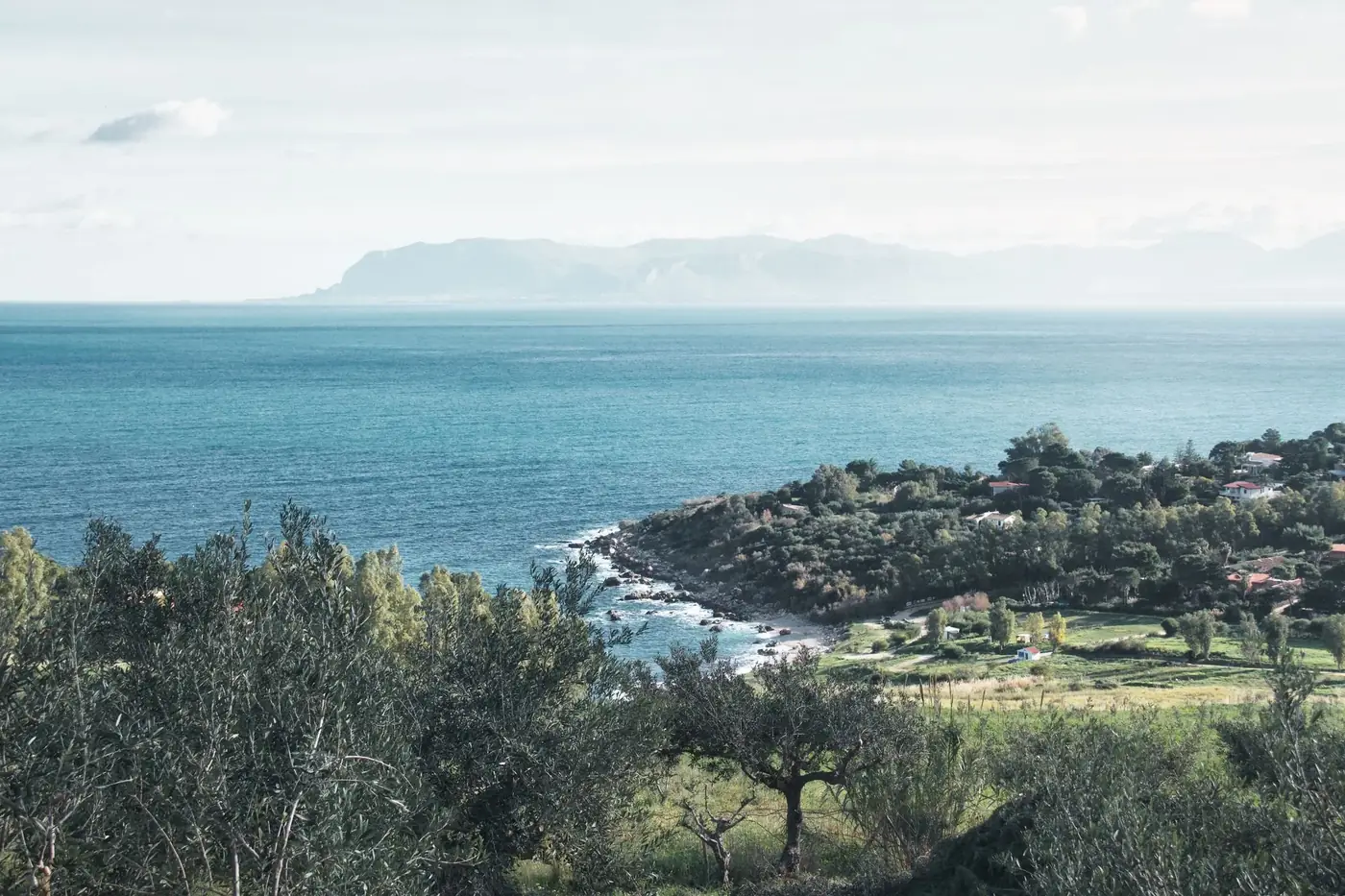 Breathtaking view of Zingaro Nature Reserve coastline in Sicily, Italy, under a clear summer sky.