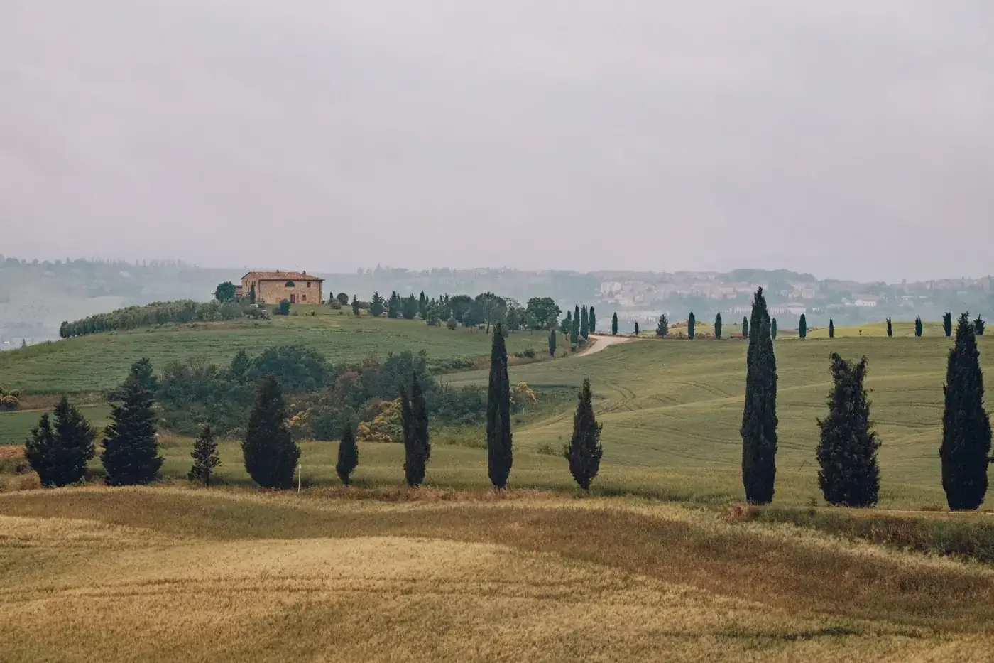 Overcast day in Tuscan hills featuring cypress trees and traditional stone house.