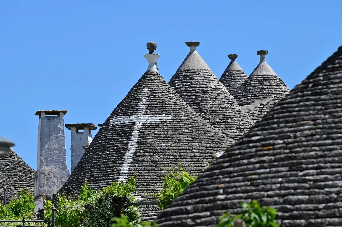 Charming Trulli houses with conical roofs against a clear blue sky in Alberobello, Italy.
