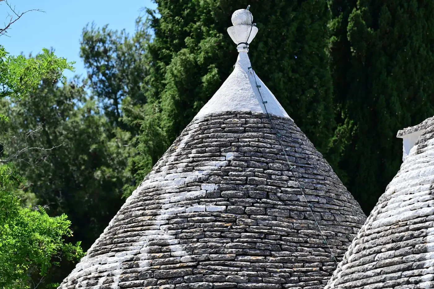 Close-up of traditional Trulli stone roofs amidst lush greenery in Alberobello, Italy.