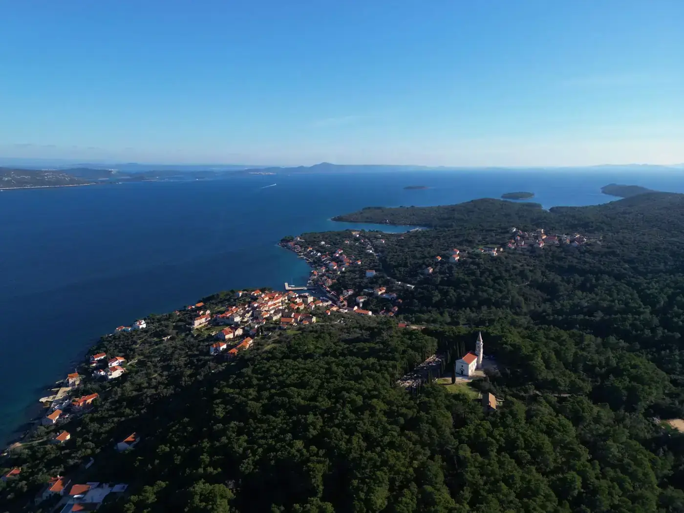 Stunning aerial shot of Veli Iž, Croatia, showcasing the coastline, forest, and town with a clear blue sky.